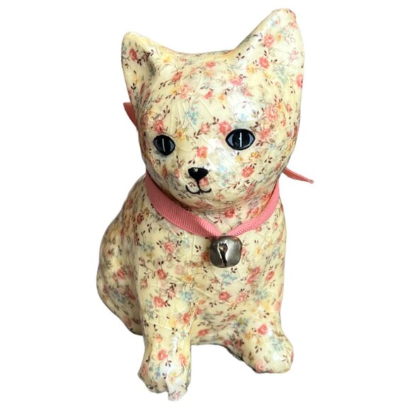 Vtg DECOUPAGE Ceramic CAT Kitten Kitty Floral Cream Fabric Pink Ribbon Bell 6" T - Picture 2 of 15